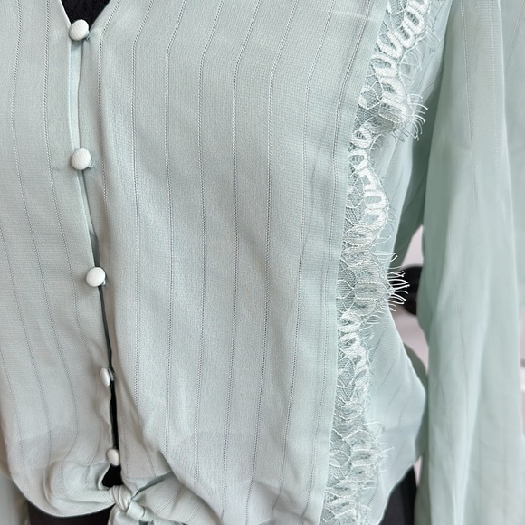 WAYF Soft Sage Green Lace Trim, Button Down with Front Tie Blouse - Picture 3 of 6